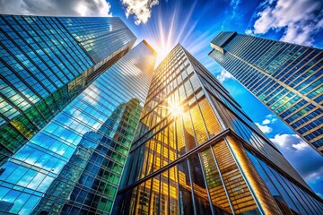 Naklejka premium Modern Skyscraper Against Clear Blue Sky, Reflecting Sunlight and Showcasing Urban Architecture