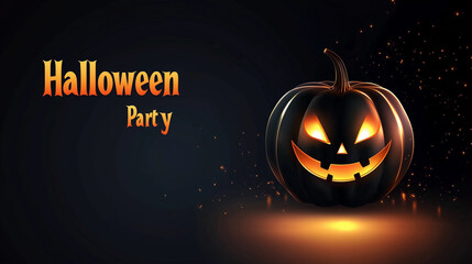 A minimalistic pumpkin with glowing eyes and "Halloween Party" text in bold, Poster, flat design, Halloween