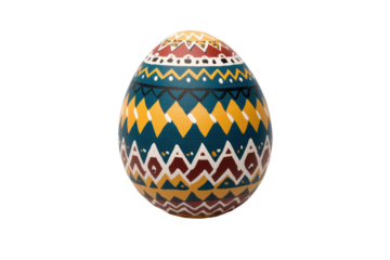 Colorful egg with geometric ethnic patterns in vibrant yellow, blue, and maroon tones. Features zigzag and dot motifs in a traditional folk style. Isolated on transparent background, png.