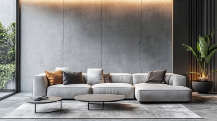 The living room of a modern apartment, house, or workplace features a cozy sofa, vivid interior elements, and natural light coming in via a window against a backdrop of concrete walls.