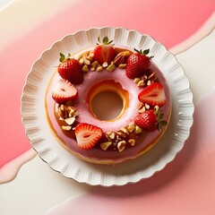 Delicious fresh donuts with topping arrangement in white background, assortment of pastel donuts with colorful sprinkles for sweet treat celebration