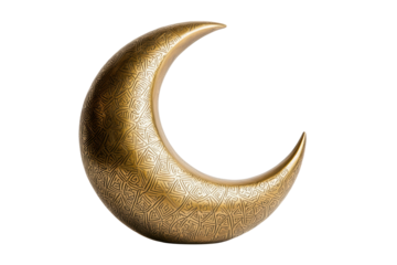 Golden crescent moon sculpture with intricate patterns carved across surface. Features abstract and geometric design elements in luxurious metallic finish. Isolated on transparent background, png.