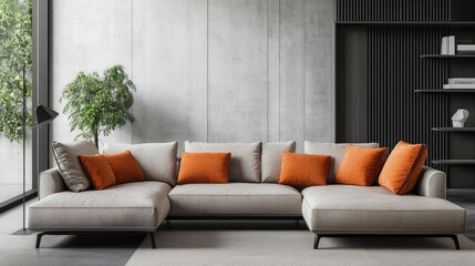 The living room of a modern apartment, house, or workplace features a cozy sofa, vivid interior elements, and natural light coming in via a window against a backdrop of concrete walls.