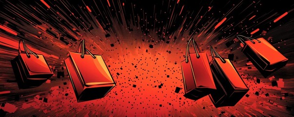 Dynamic Black Friday comic-style background with bold shopping bags capturing the thrill and excitement of retail shopping