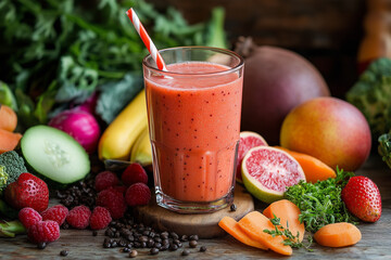 Healthy smoothie with fresh fruits and vegetables ready to blend