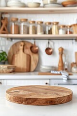 Elegant round wooden serving platter. Wooden podium on soft, neutral kitchen background.