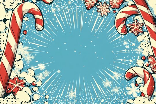 Cheerful Christmas comic-style background with candy canes and snowflakes on a bright blue festive holiday theme