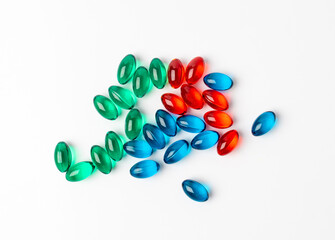 Color Pill Capsules Isolated, Analgesic Pile, Painkiller Drugs Mix, Sedative Pills Group, Medicine Gel Capsules