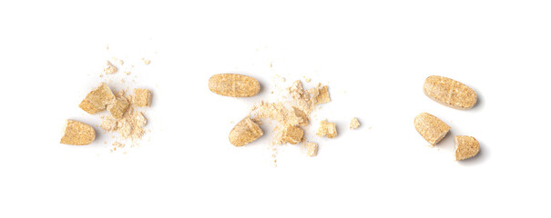 Broken Pills Isolated, Crushed Aspirin, Split Tablet, Broken Pill Capsules, Crumbling White Drugs