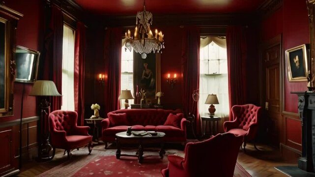 Kodachrome; Victorian aesthetic crushed red velvet high ceilings parlor exposed wood High-depth, Cinematic symmetry, central point of composition, 18th century interior, nighttime,