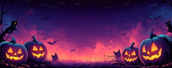 Festive comic-style Halloween background featuring glowing jack-o'-lanterns and spooky black cats under a starlit sky