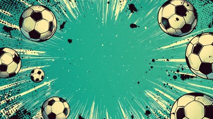 Dynamic football-themed comic book background with vibrant colors and illustrated soccer balls depicting excitement and action on the field
