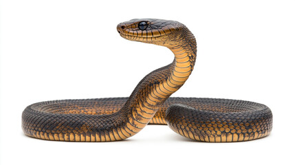 A golden tree snake coiled gracefully on a white background during a calm indoor moment