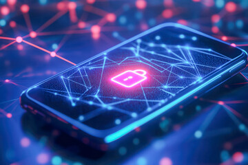 Smartphone with glowing security lock icon, representing data protection and cybersecurity, on a futuristic digital network background. Copy space