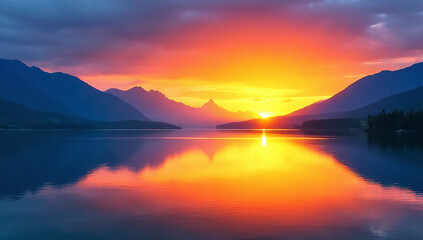 Vibrant sunset over a serene lake with mountain reflections
