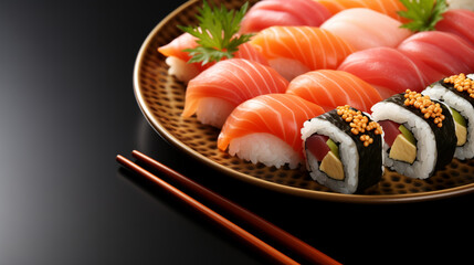 Sushi on Round Brown Plate and Chopsticks on Black Background