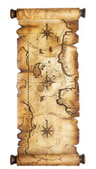 photo of a vintage roll of a pirate treasure map, elegantly displayed against a transparent background.