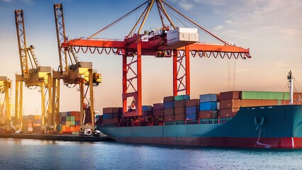 Fototapeta premium Loading container into cargo ship by industrial crane. Crane lifts cargo containers in port. Logistics and transportation of import-export business.