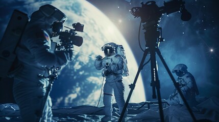 Fototapeta premium Film crew shoots ad for an astronaut fixing a satellite in space using a rope with the Earth in the background.
