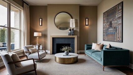 modern design room with sofa, table and fireplace