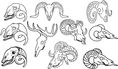 Set Line Halloween Clip art llustration animal skull Ink linear drawing western style coloring. Modern minimalist print design element dead creature contour deceased cattle ram skull outline sheep cow