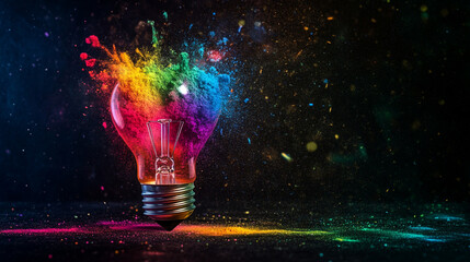 A vibrant explosion of color bursts from a light bulb captured in a dark setting