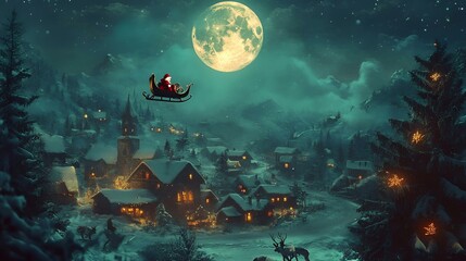 Magical Christmas Eve Scene with Santa Claus Flying Over Snowy Village Under Full Moon.