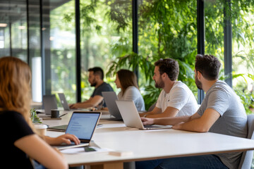 Fototapeta premium Team Meeting in Modern Office with Large Windows and Greenery