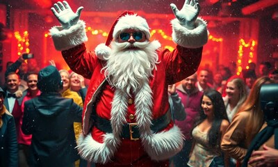 A lively holiday gathering unfolds with Santa at the center, dancing joyfully amidst a crowd filled with laughter, festive lights, and spirited celebration