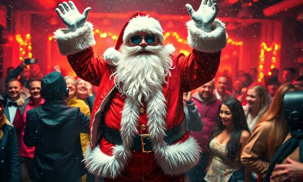 A lively holiday gathering unfolds with Santa at the center, dancing joyfully amidst a crowd filled with laughter, festive lights, and spirited celebration
