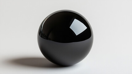 A shiny black sphere resting on a smooth surface with natural light reflecting off its surface