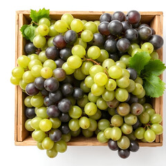 A top-down view of a wooden crate filled with neatly arranged grapes, set against a clean white background.