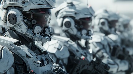 Fototapeta premium Futuristic soldiers with glasses and weapons are ready for action. They are part of the military's plan for the future.