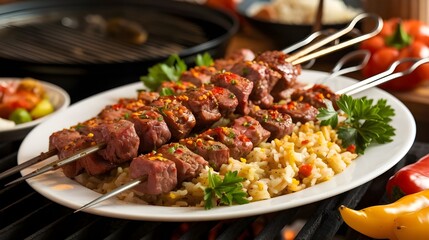 Shish kebab BBQ meat with onions and tomatoes. Meat kebab on skewers on a barbecue grill with vegetables. Grilled kebab.