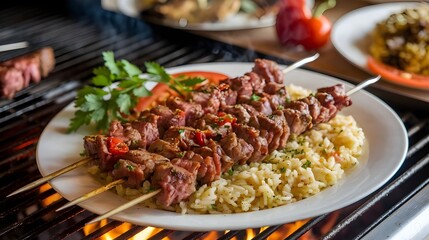Shish kebab BBQ meat with onions and tomatoes. Meat kebab on skewers on a barbecue grill with vegetables. Grilled kebab.