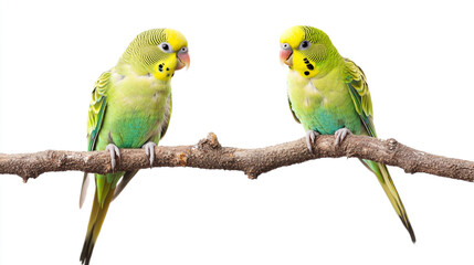 Fototapeta premium Two colorful budgerigars perched on a branch against a white background in a natural setting