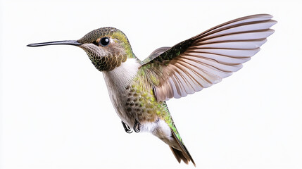 Fototapeta premium A hummingbird in flight showcasing vibrant feathers against a white background