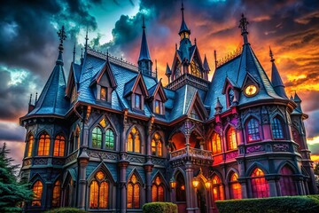 Opulent Gothic Architecture with Intricate Details and Dark Elegance in a Mysterious Setting