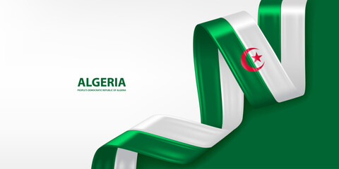 Algeria 3D ribbon flag. Bent waving 3D flag in colors of the Algeria national flag. National flag background design.