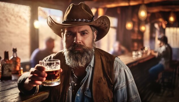 homem com barba e roupas sujas de poeira devido ao trabalho, com chap&eacute;u de cowboy em um bar estilo texano bebendo um copo de uisque