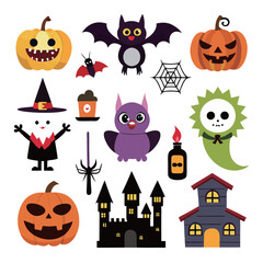 Flat halloween element collection on white background AI generated