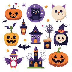 Flat halloween element collection on white background AI generated