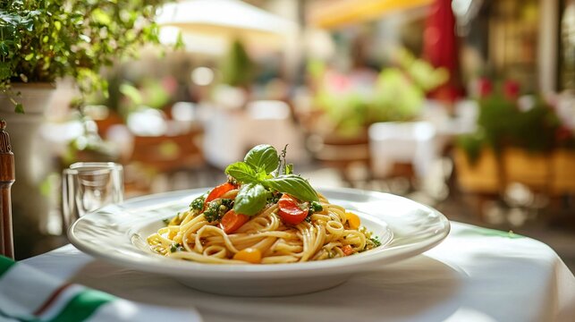 A serving of pasta primavera with fresh vegetables and olive oil, placed on a white ceramic plate with an airy outdoor Italian caf&eacute; background