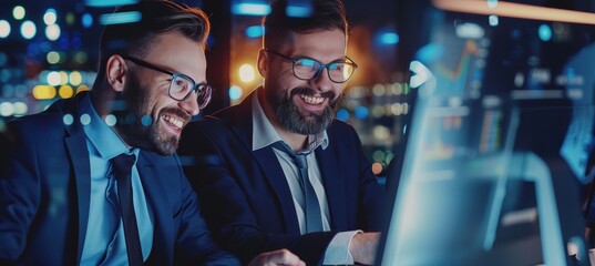 Fototapeta premium Happy business leaders discussing digital strategy on a computer screen in a modern office