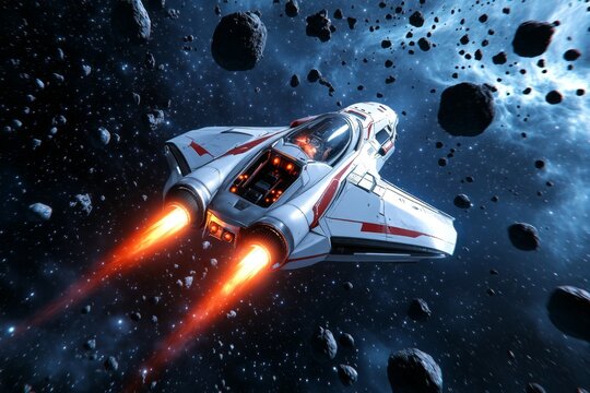 A 3D-animated spaceship flying through an asteroid field, dodging rocks and debris in a fully rendered space scene