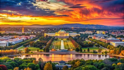 Panoramic View of National Capital Territory with Iconic Landmarks and Urban Landscape at Sunset