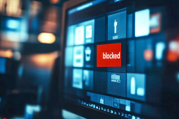 Computer screen showing a "blocked" message, highlighting restricted access, with blurred icons in the background. Copy space