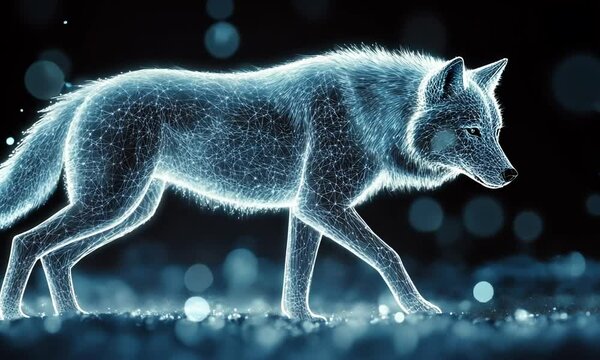 A digital representation of a wolf created with glowing particles.