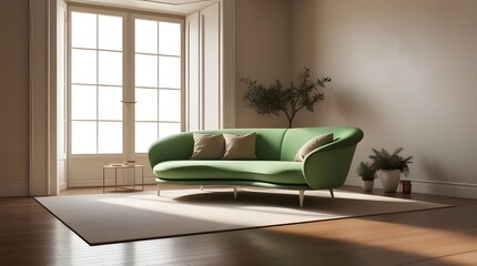 Fototapeta premium An empty room features a vibrant green couch, highlighting a minimalist living space in 3D rendering.