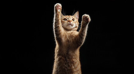 Obraz premium A playful cat reaching up with paws extended in a dynamic pose against a dark background
